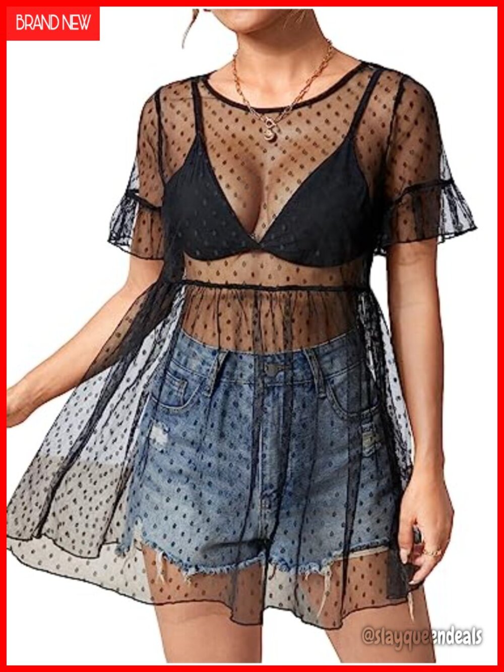 Women's Polka Dots Sheer Mesh Ruffle Hem Mini Dress Short Sleeve Backless
